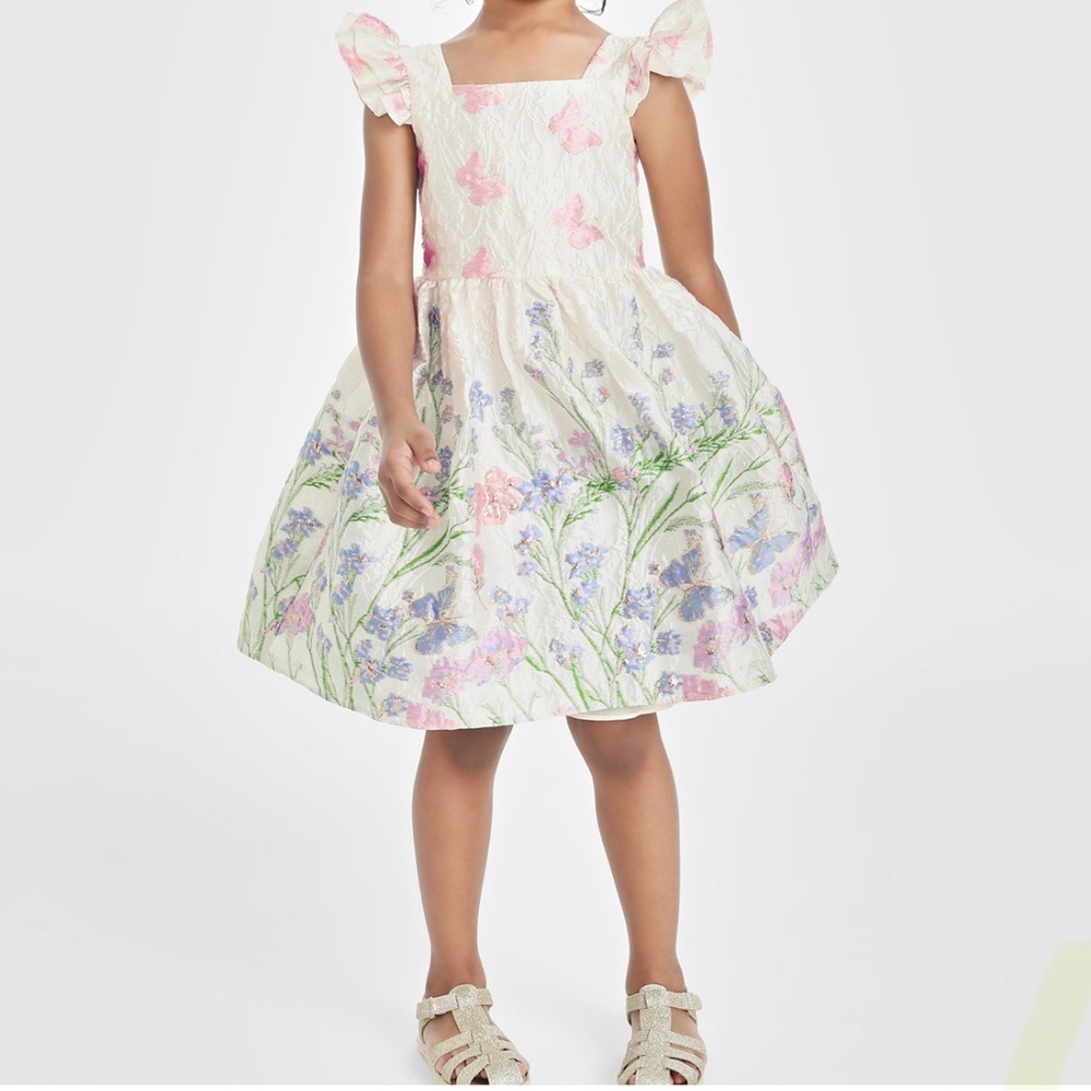 Toddler Girls Floral Butterfly Brocade Flutter Sleeve Social Dress